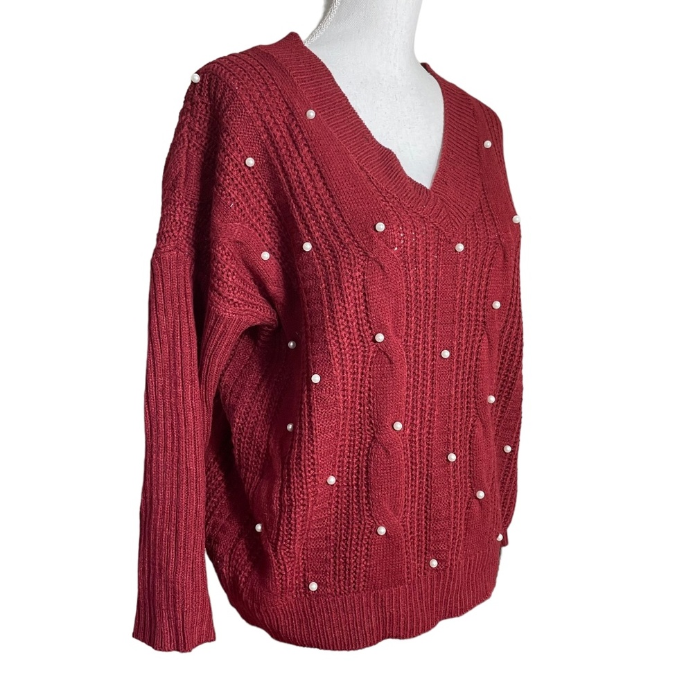 Pearl Cable Knit Sweater S V-Neck Burgundy Red Ribbed Pullover Slouchy
